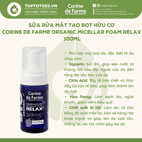 Foam rửa mặt mi-xel hữu cơ Corine de Farme Organic Micellar Foam Relax 100ml