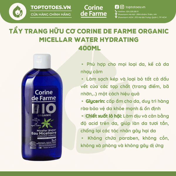 Nước tẩy trang mi-xel hữu cơ Corine de Farme Organic Micellar Hydrating Water 400ml