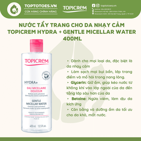Nước tẩy trang Topicrem Hydra+ Gentle Micellar Water 400ml (hồng)