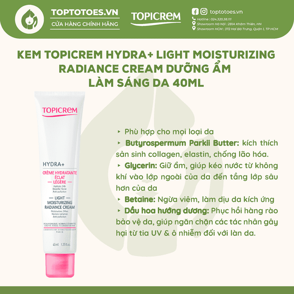 Kem Topicrem Hydra+ Light Moisturizing Radiance Cream dưỡng ẩm làm sáng da 40ml