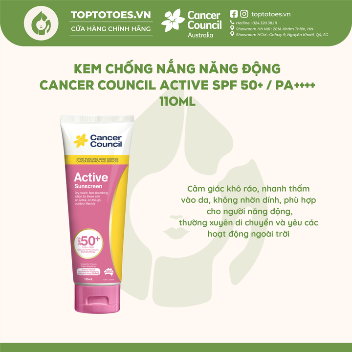 Kem chống nắng Năng động Cancer Council Active SPF 50+/ PA ++++