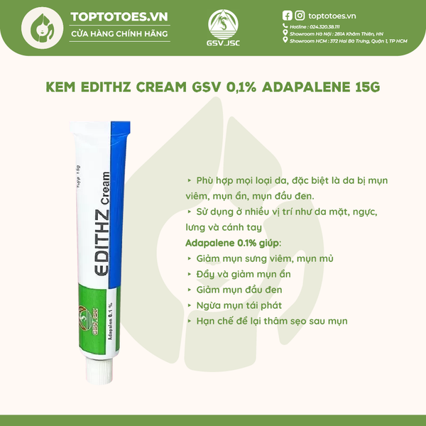 Kem bôi giảm mụn, thâm Edithz Cream GSV 0,1% Adaplene 15g