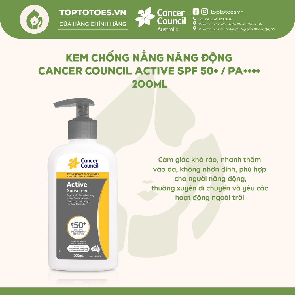 Kem chống nắng Năng động Cancer Council Active SPF 50+/ PA ++++