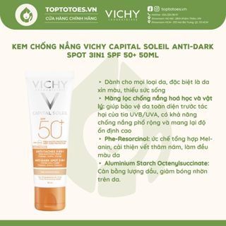 Kem chống nắng có màu, giảm thâm nám Vichy Capital Soleil Anti-Dark Spot 3in1 SPF 50+ 50ml
