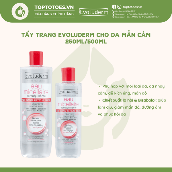 Nước tẩy trang Evoluderm Micellar Cleansing Water - Hồng 500ml (da khô)