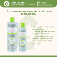 Nước tẩy trang Evoluderm Micellar Cleansing Water - Xanh 250ml (da dầu mụn)