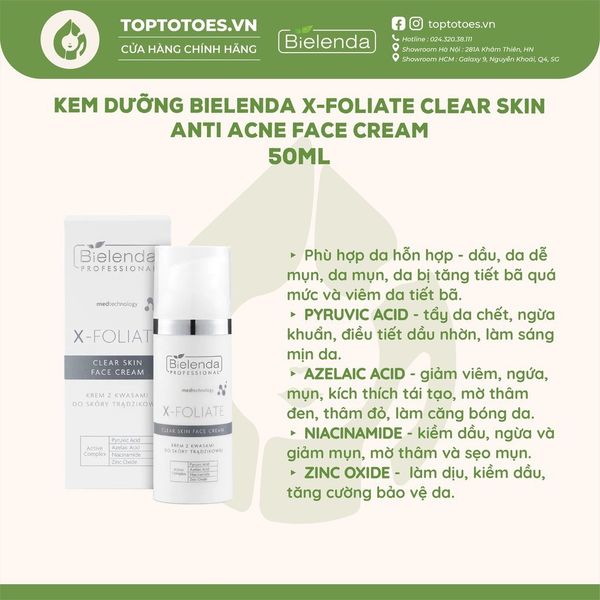 Kem dưỡng Bielenda Professional X-FOLIATE Clear Skin Anti Acne Face Cream 50 ml