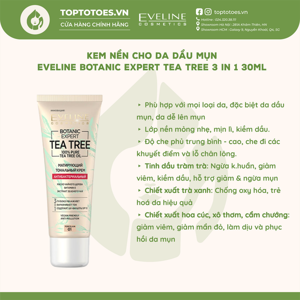 Kem nền cho da dầu mụn Eveline Botanic Expert Tea Tree 3 In 1 30ml