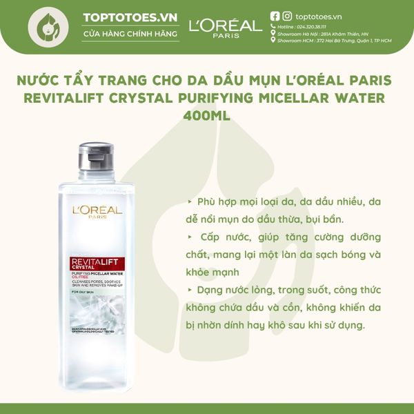 Nước tẩy trang L'Oreal Paris Micellar Water - Revitalift Crystal 400ml (Trắng)