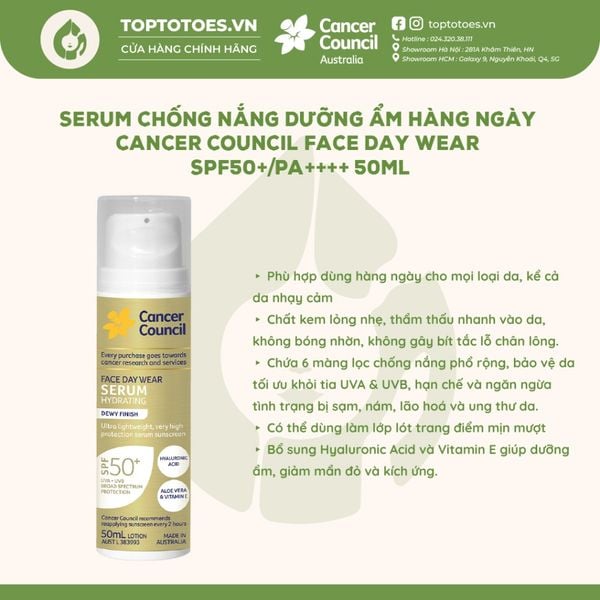 Serum chống nắng Cancer Council Face Day Wear Serum SPF50+ 50ml