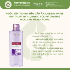 Nước tẩy trang L'Oreal Paris Micellar Water - Revitalift Hyaluronic Acid 400ml (Tím)
