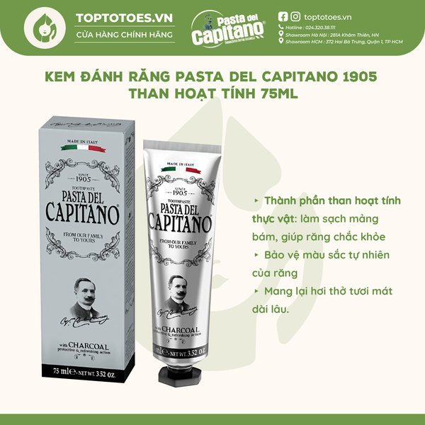 Kem đánh răng Capitano 1905 75ml - Charcoal (Than hoạt tính)