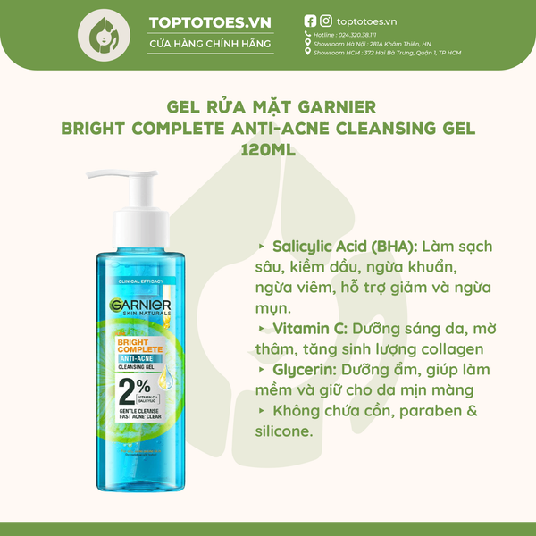 Gel rửa mặt Garnier Bright Complete Anti-Acne Cleansing Gel 120ml