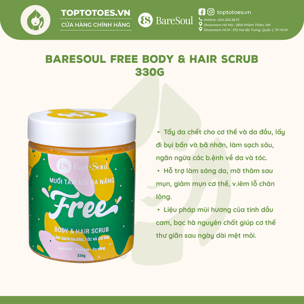 Muối tắm gội tẩy tế bào chết BareSoul Body & Hair Scrub 330g - FREE