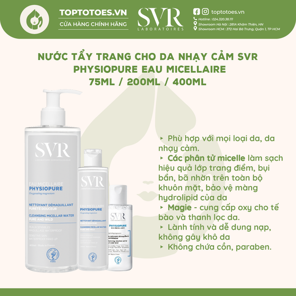 Nước tẩy trang cho da nhạy cảm SVR Physiopure Eau Micellaire 400ml