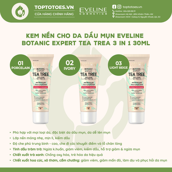 Kem nền cho da dầu mụn Eveline Botanic Expert Tea Tree 3 In 1 30ml - Số 01