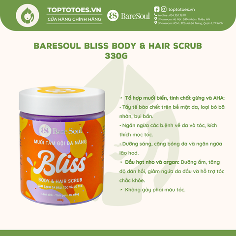 Muối tắm gội tẩy tế bào chết BareSoul Body & Hair Scrub 330g - BLISS (chứa AHA)