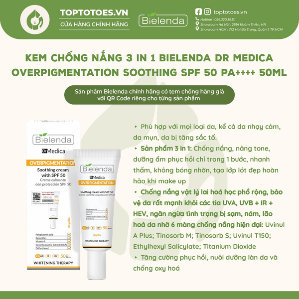 Kem chống nắng 3In1 Bielenda Dr Medica Overpigmentation Soothing SPF 50 PA++++ 50ml