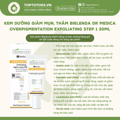 Kem dưỡng giảm mụn, thâm Bielenda Dr Medica Overpigmentation Exfoliating Step 1 30ml