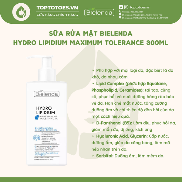 Sữa rửa mặt Bielenda Hydro Lipidium Maximum Tolerance 300ml
