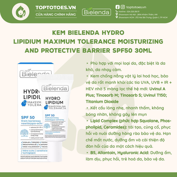 Kem chống nắng Bielenda Hydro Lipidium Maximum Tolerance SPF50 30ml