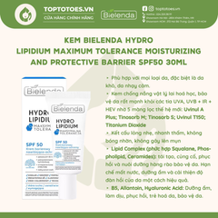 Kem chống nắng Bielenda Hydro Lipidium Maximum Tolerance SPF50 30ml
