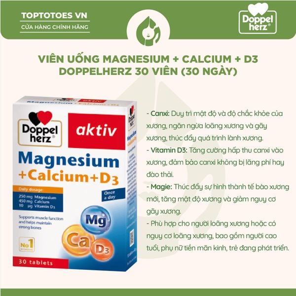 Viên uống Magnesium + Calcium + D3 Doppelherz hỗ trợ cơ và xương khỏe mạnh hộp 3 vỉ x 10 viên