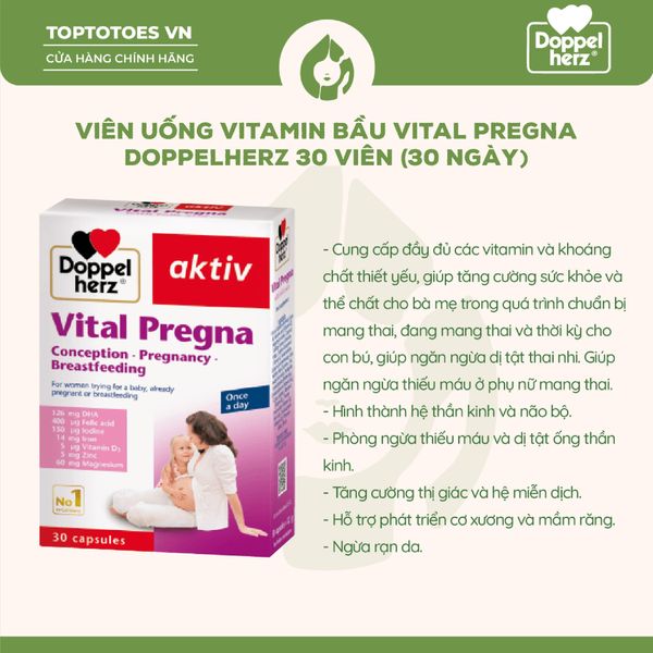 Viên uống vitamin bầu Vital Pregna Doppelherz bổ sung vitamin khoáng chất cho bà bầu hộp 3 vỉ x 10 viên