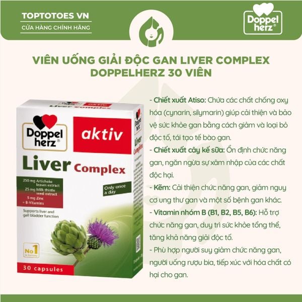 Viên uống giải độc gan Liver Complex Doppelherz hỗ trợ thanh nhiệt, tăng cường giải độc, hạ men gan hộp 30 viên