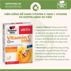 Viên uống bổ sung Vitamin C 1000 + Vitamin D3 Doppelherz hỗ trợ tăng sức đề kháng, sáng da hộp 30 viên