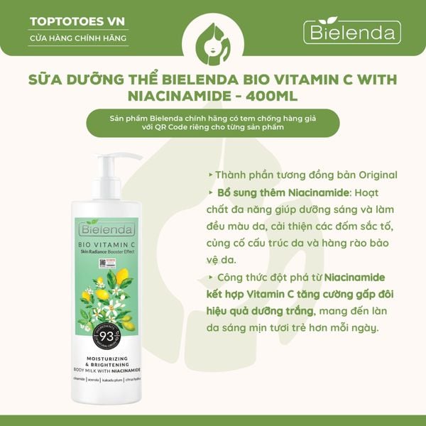 Sữa dưỡng thể Bielenda Bio Vitamin C Moisturizing Brightening Body Milk with Niacinamide 400ml