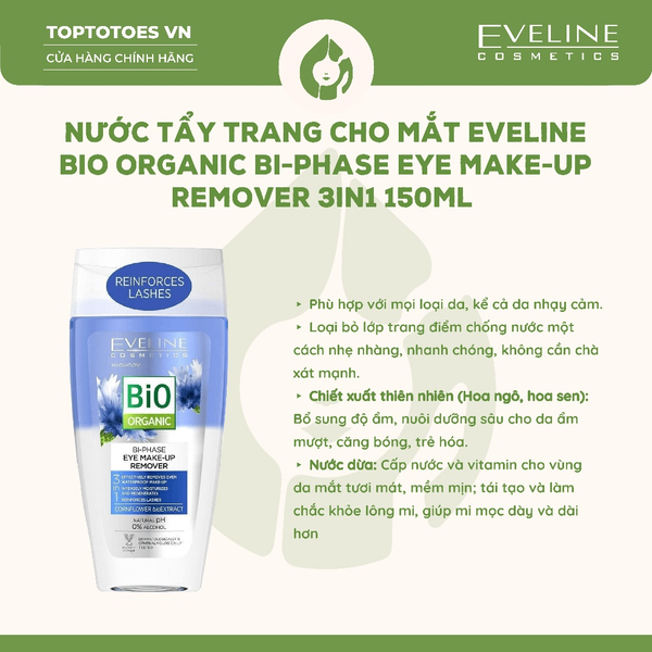 Nước tẩy trang Eveline BiO Organic Bi-Phase Eye Make-up Remover 3in1 150ml