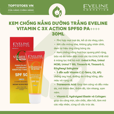 Kem chống nắng Eveline Vitamin C 3X Action SPF50 PA++++ 30ml