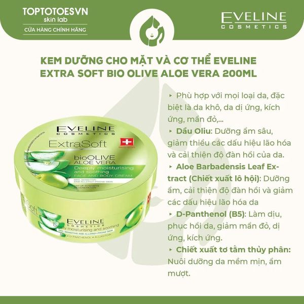Kem dưỡng Eveline Extra Soft Bio Olive Aloe Vera dưỡng ẩm sâu, làm dịu, chống lão hóa cho da mặt và cơ thể 200ml