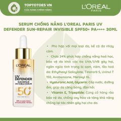 Serum chống nắng L’Oreal Paris UV Defender Sun-Repair Invisible SPF50+ PA++++ mỏng nhẹ, bảo vệ và cải thiện làn da 30ml