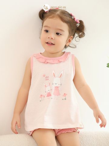 [NGỌC BẢO AN KIDS] Bộ quần áo đùi sát nách bé gái hoạ tiết thỏ sọc hồng