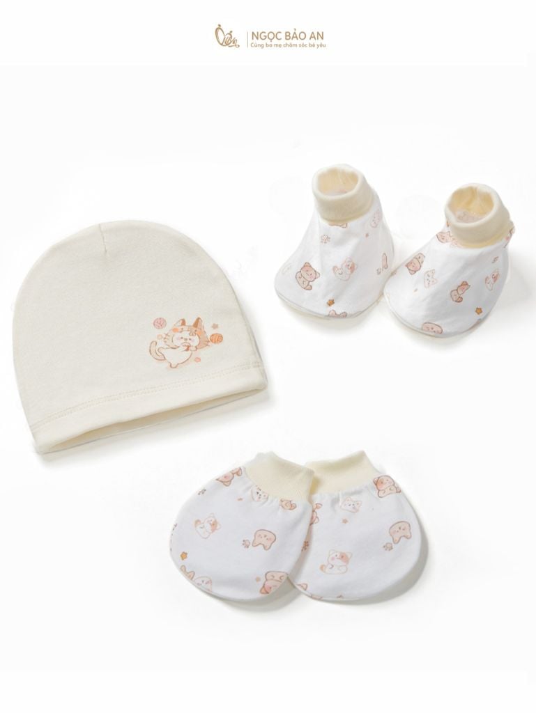 Set nón bao tay chân sơ sinh Honey cotton
