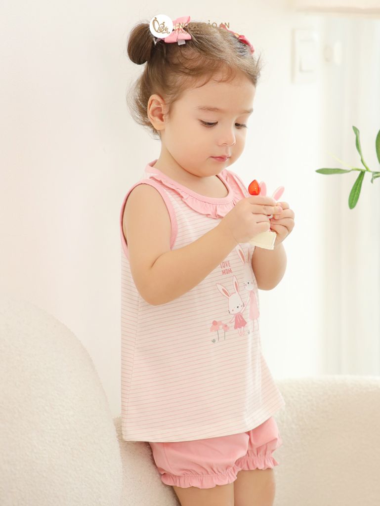 [NGỌC BẢO AN KIDS] Bộ quần áo đùi sát nách bé gái hoạ tiết thỏ sọc hồng