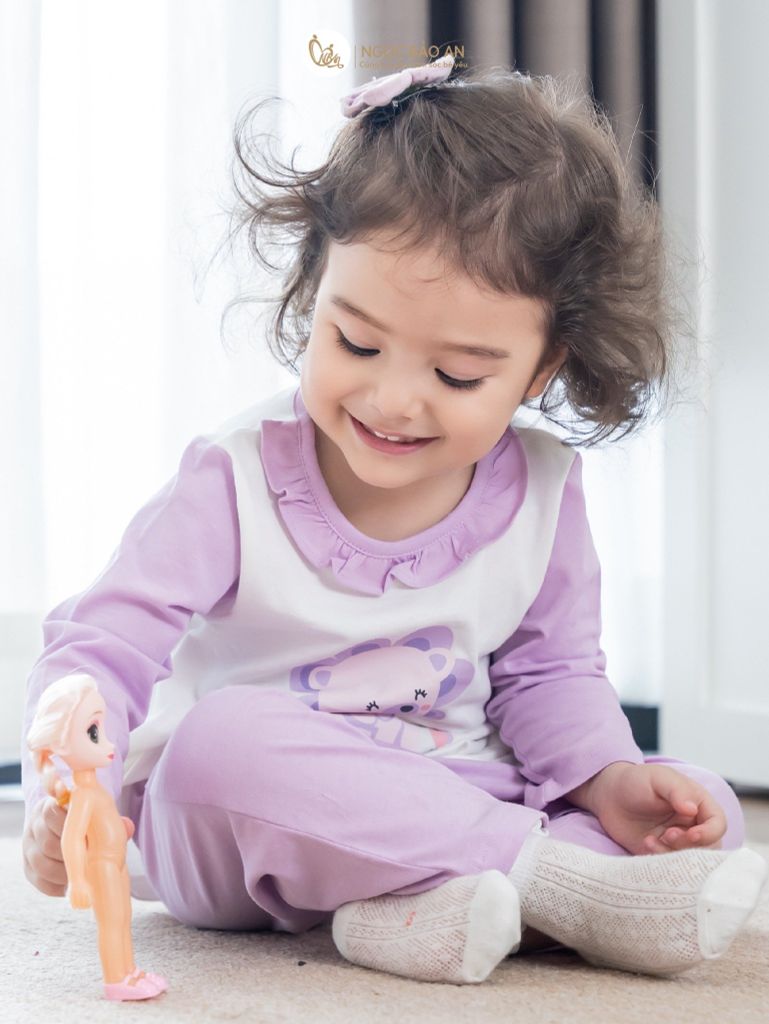 [NGỌC BẢO AN] Bộ quần áo dài tay bé gái hoạ tiết gấu tím