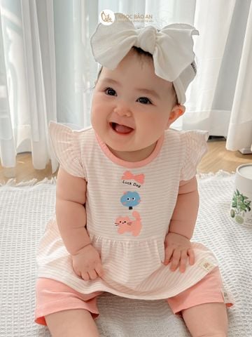 [NGỌC BẢO AN KIDS] Bộ quần áo lửng bé gái hoạ tiết mèo sọc hồng
