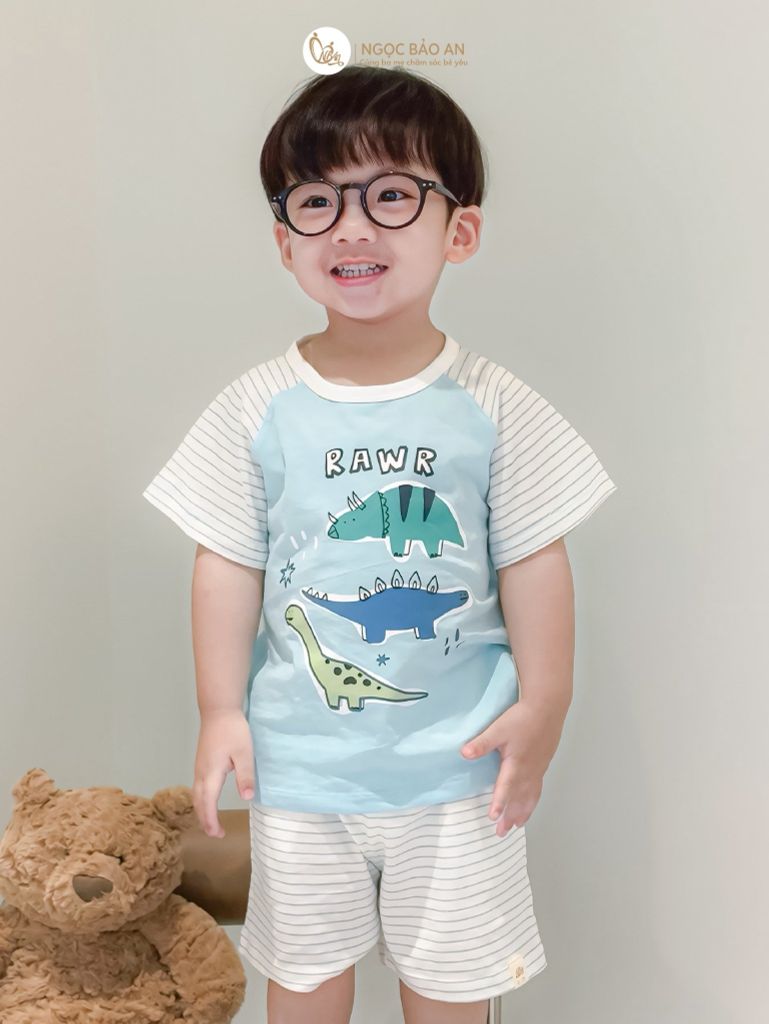 [NGỌC BẢO AN KIDS] Bộ quần áo cộc tay 2 chiều khủng long sọc xanh
