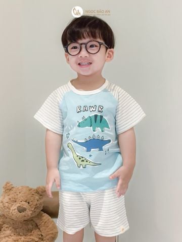 [NGỌC BẢO AN KIDS] Bộ quần áo cộc tay 2 chiều khủng long sọc xanh