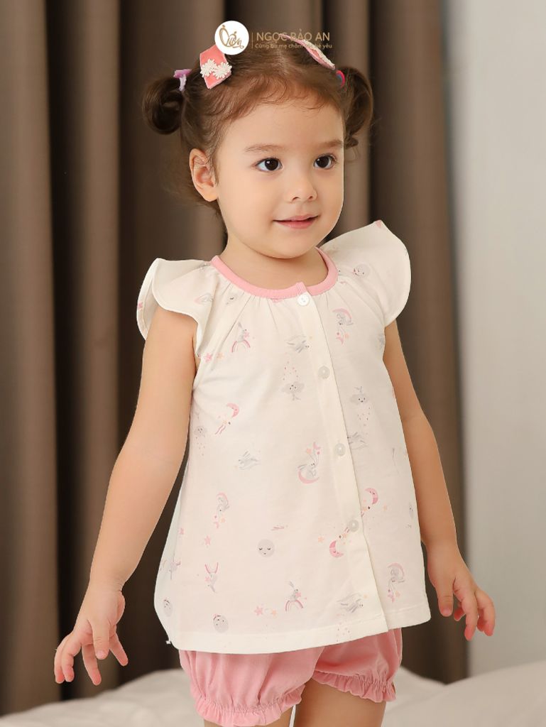 [NGỌC BẢO AN KIDS] Bộ quần áo đùi sát nách bé gái hoạ tiết thỏ trăng hồng
