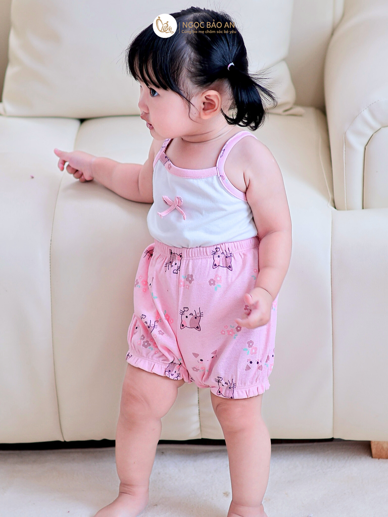 [HONEY] Bộ ngắn 2 dây quần bí Honey Borib phối nơ Mèo Hồng