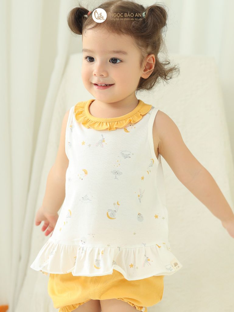 [NGỌC BẢO AN KIDS] Bộ quần áo đùi sát nách bé gái hoạ tiết thỏ trăng vàng