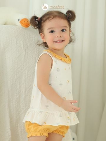 [NGỌC BẢO AN KIDS] Bộ quần áo đùi sát nách bé gái hoạ tiết thỏ trăng vàng