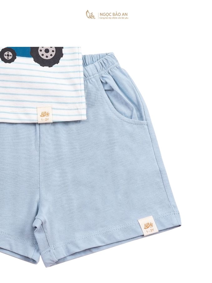 [NGỌC BẢO AN KIDS] Bộ quần áo cộc tay 2 chiều xe xúc xanh đậm