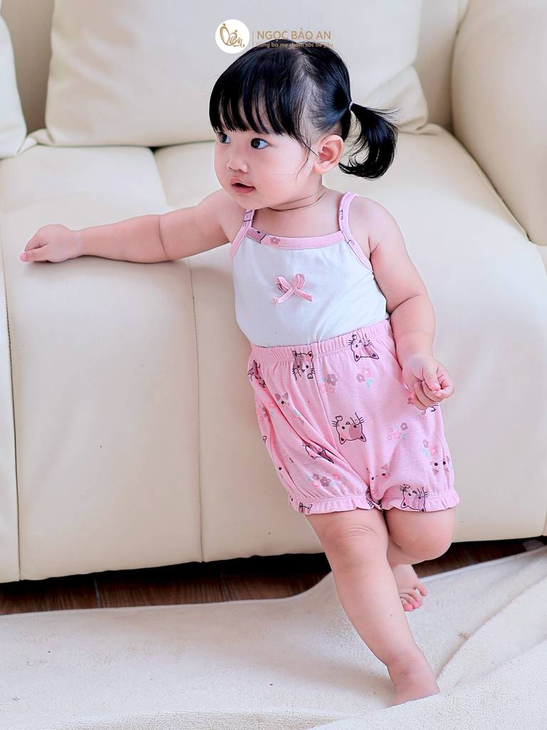 [HONEY] Bộ ngắn 2 dây quần bí Honey Borib phối nơ Mèo Hồng