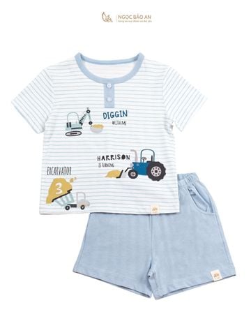 [NGỌC BẢO AN KIDS] Bộ quần áo cộc tay 2 chiều xe xúc xanh đậm