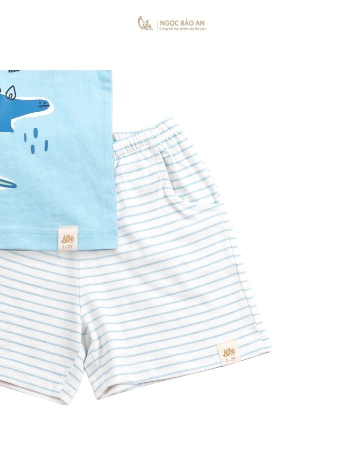 [NGỌC BẢO AN KIDS] Bộ quần áo cộc tay 2 chiều khủng long sọc xanh